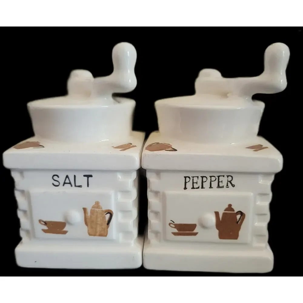 Vtg Hand Painted Salt & Pepper Shakers Coffee Grinder Shape White Brown Med Size